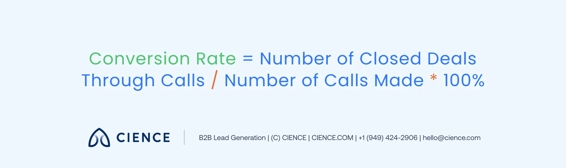 Conversion rate formula: closed deals divided by total calls made, multiplied by 100